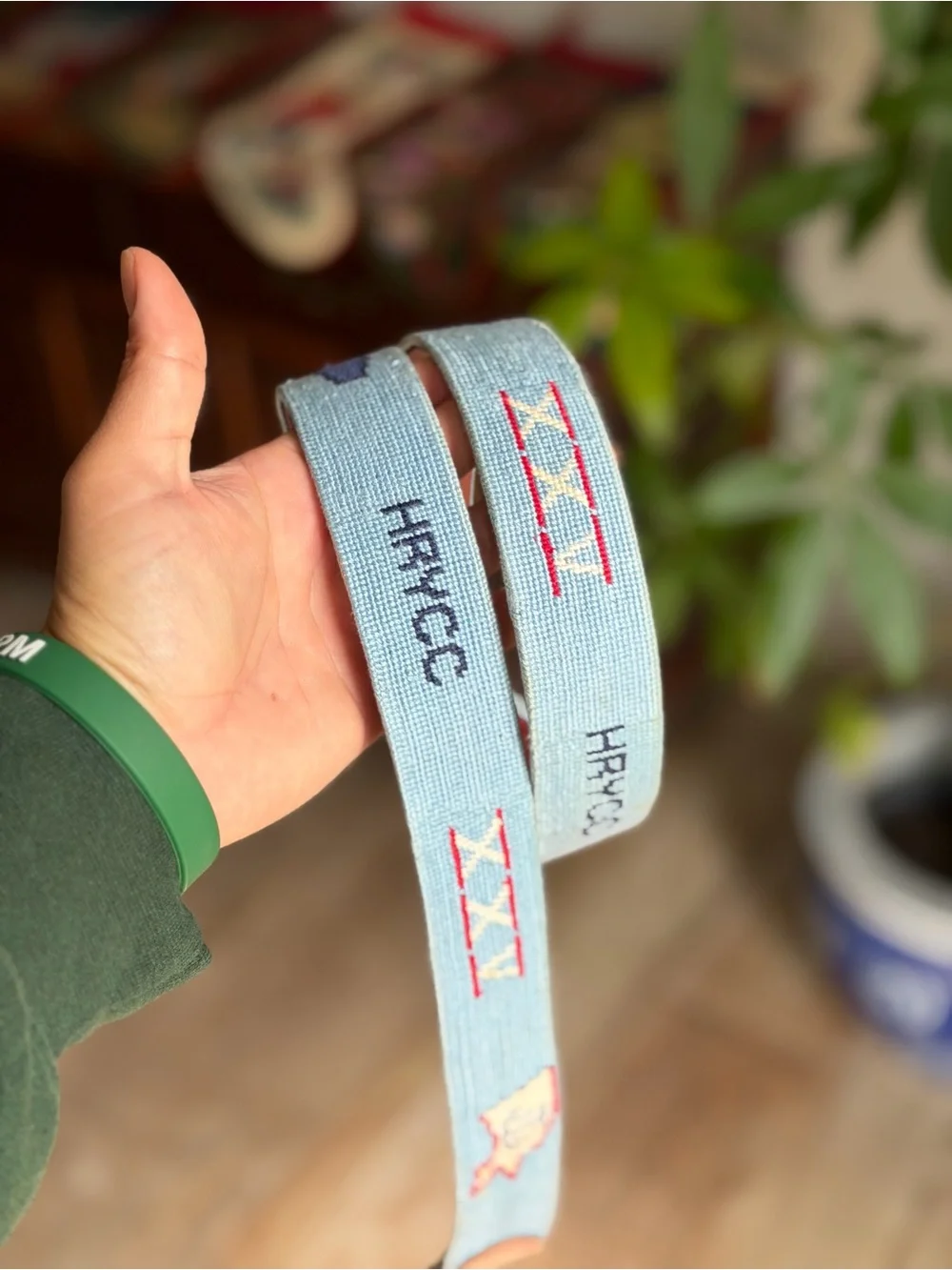 Light Blue Embroidered Needlepoint Leather-Trim Belt